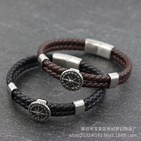 Bracelet Stainless Steel Navy Anchor Braided Leather Cord SJMH003