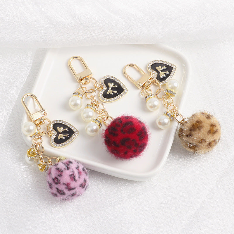 Keychains Plush Alloy Leopard Print Fur Ball Bag Pendant Love Pearl MIC-YChen008