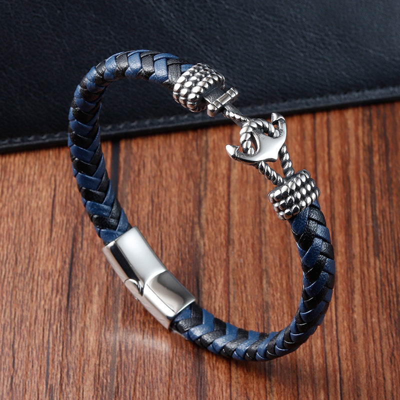 Bracelet Stainless Steel Anchor Vintage Braided Genuine Leather OuSD013