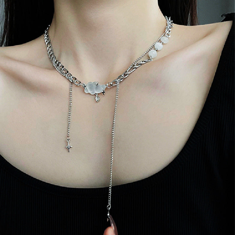 Necklace Stainless Steel Frosted Cloud Double Layered Clavicle Chain Earrings Set DD003