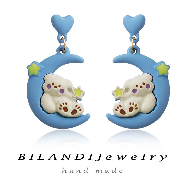 Alloy Blue Love Moon Bear Earrings MIC-BLD033