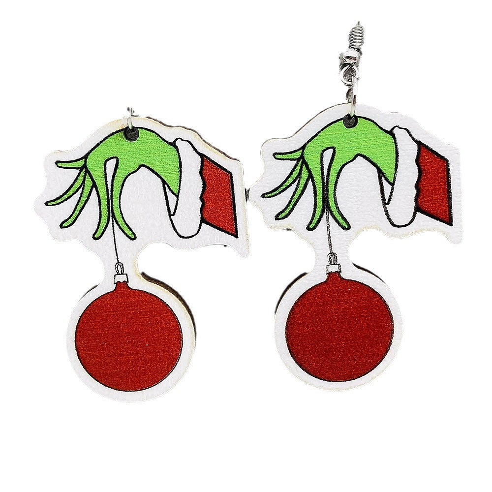 Acrylic Christmas Wooden Green Haired Monster Earrings (Minimo de compra 2) MIC-AnD013