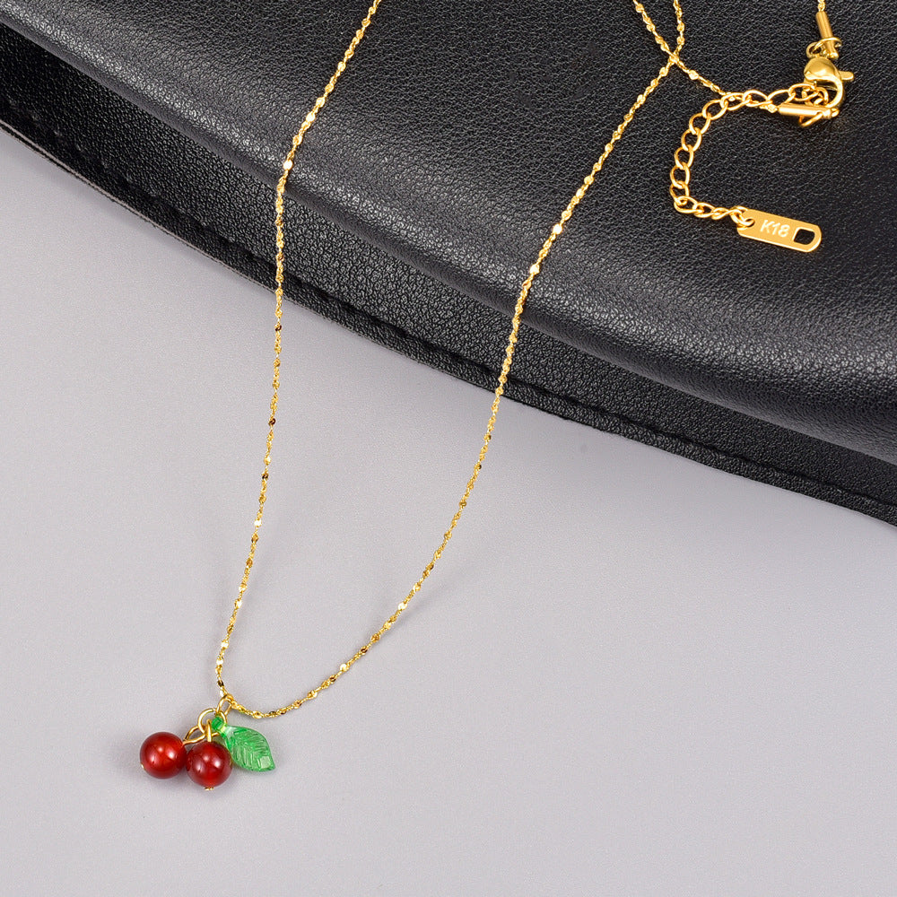 Titanium Steel Gold Plated Cherry Necklace MYA-YiS003