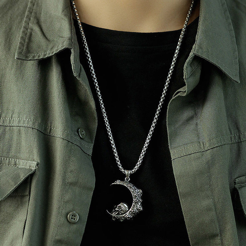 Necklace Stainless Steel Halloween Retro Crescent Skull Demon MoFei001