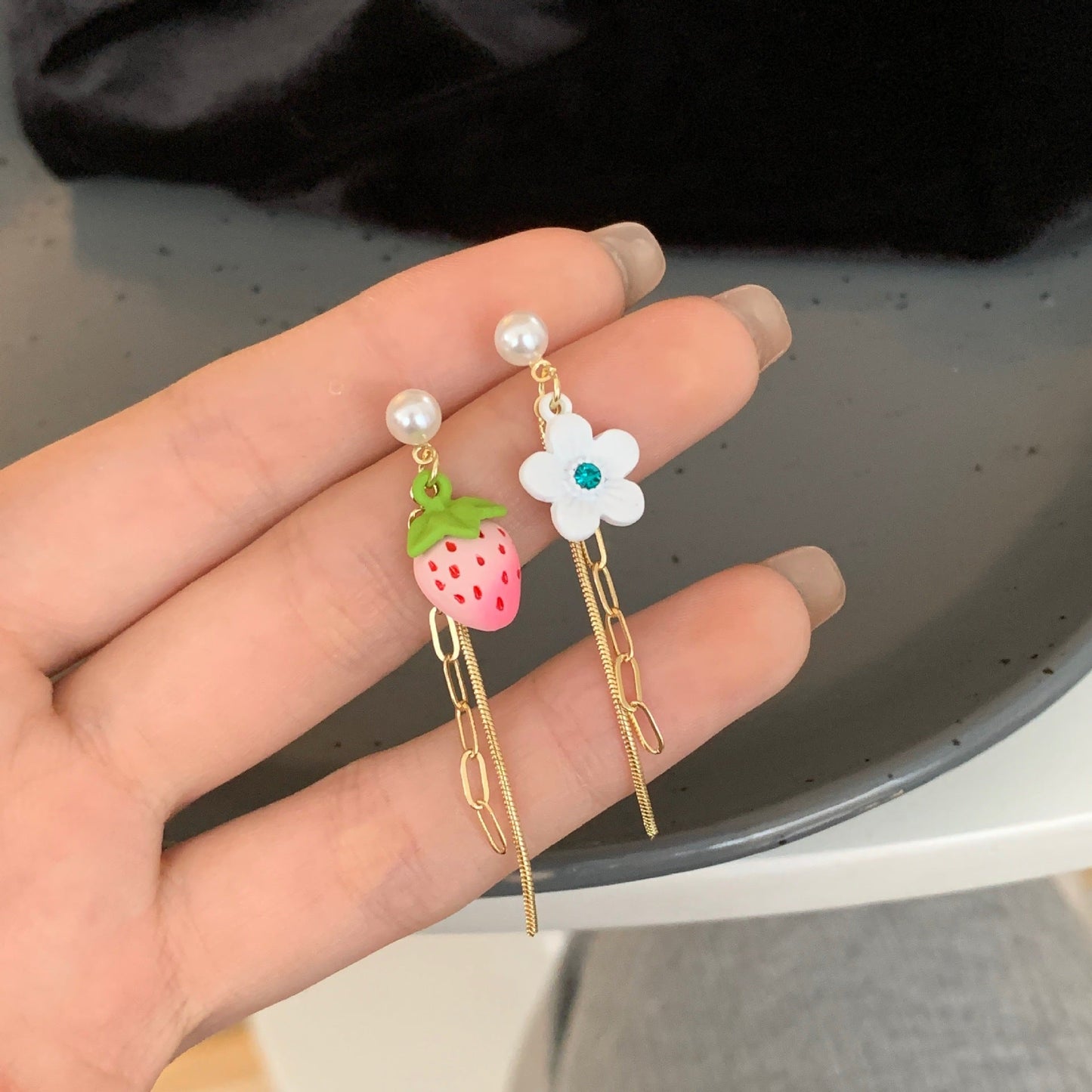 Alloy flower tassel asymmetric earrings MIC-APY007