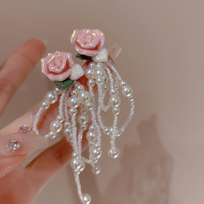 Alloy Pink Flower Pearl Earrings (Minimo de compra 2) MIC-FengM002