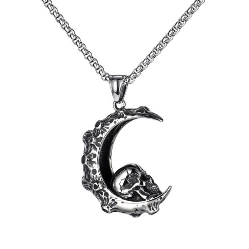 Necklace Stainless Steel Halloween Retro Crescent Skull Demon MoFei001