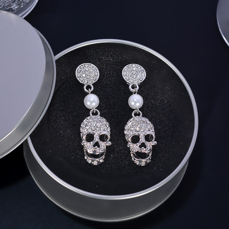 Alloy skull full diamond pearl earrings (Minimo de Compra 2) MIC-LinL003