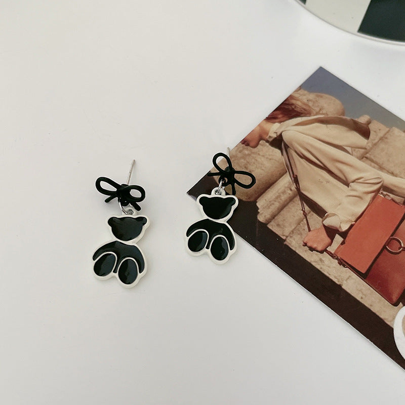 Alloy black and white bow teddy bear earrings MYA-LSY020