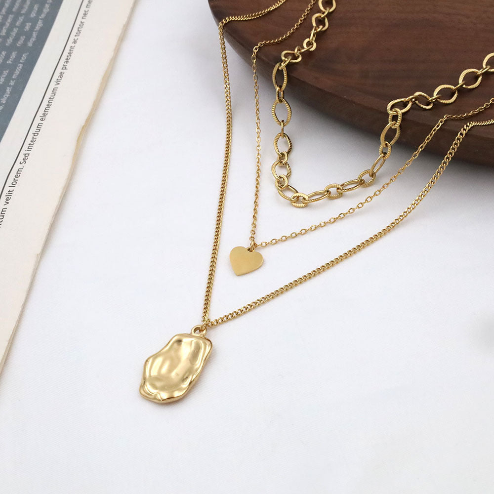 Stainless steel gold-plated triple layered round peach heart necklace MYA-XuanJ025