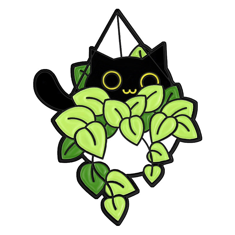 Alloy black cat green plant shaped brooch MIC-XuX019