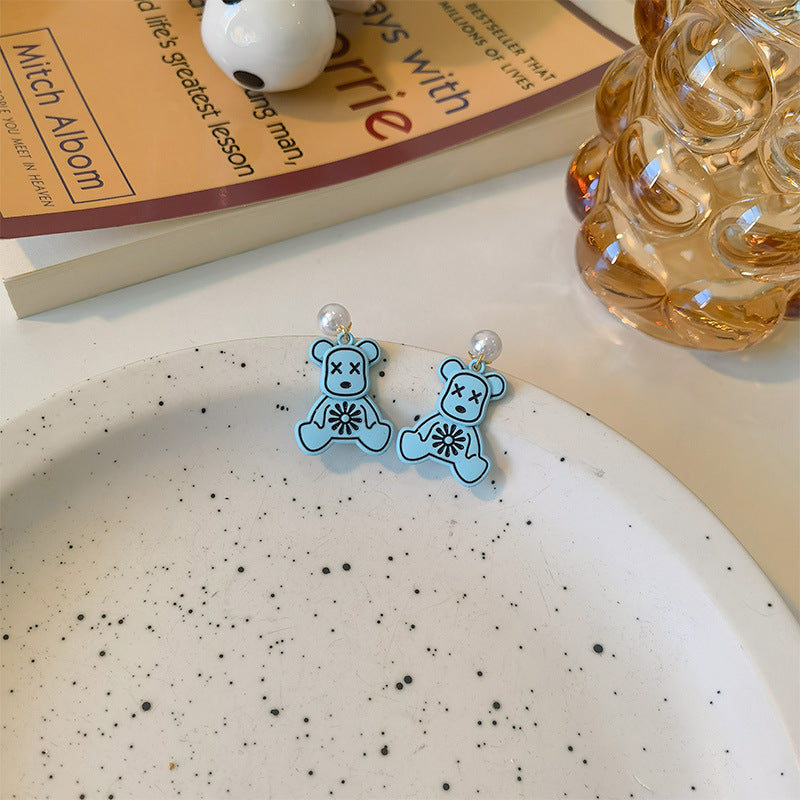 Resin Blue Lacquered Little Bear Earrings MIC-JiuY026