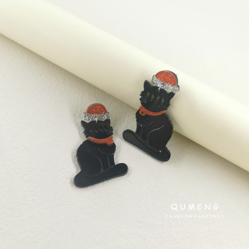 Acrylic black cat Santa Claus hat earrings (Minimo de Compra 2) MIC-QingM014