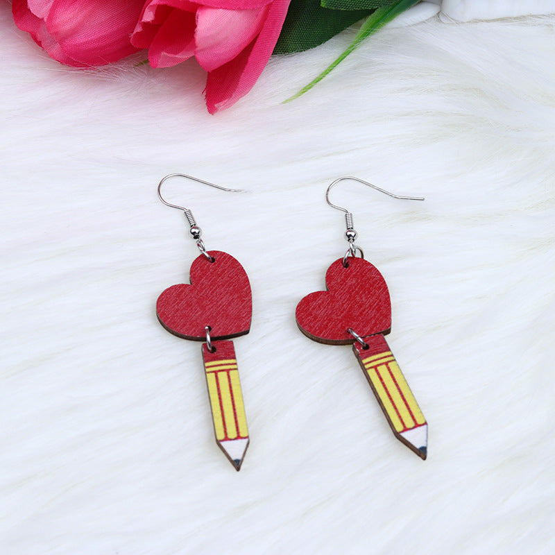 Teacher's Day Heart Hollow Wooden Earrings