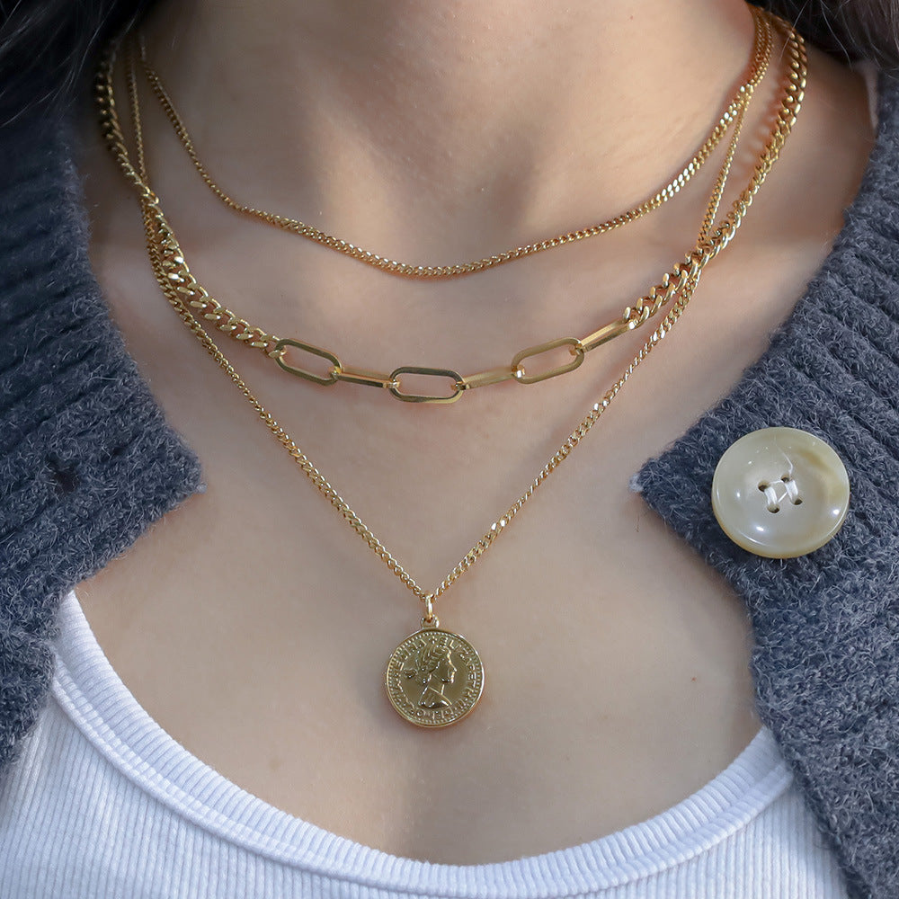 Stainless steel gold-plated three-layer double-sided portrait necklace MYA-XuanJ037