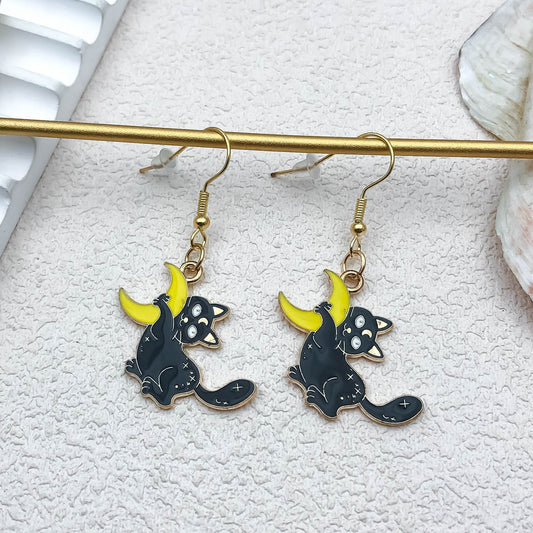 Alloy Halloween Cute Black Cat Moon Earrings (Minimo de compra 5) MIC-OuL011