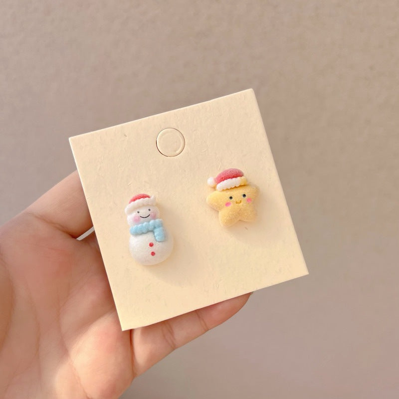 Earrings Resin Flocking Christmas Cartoon Snowman Bells songr008