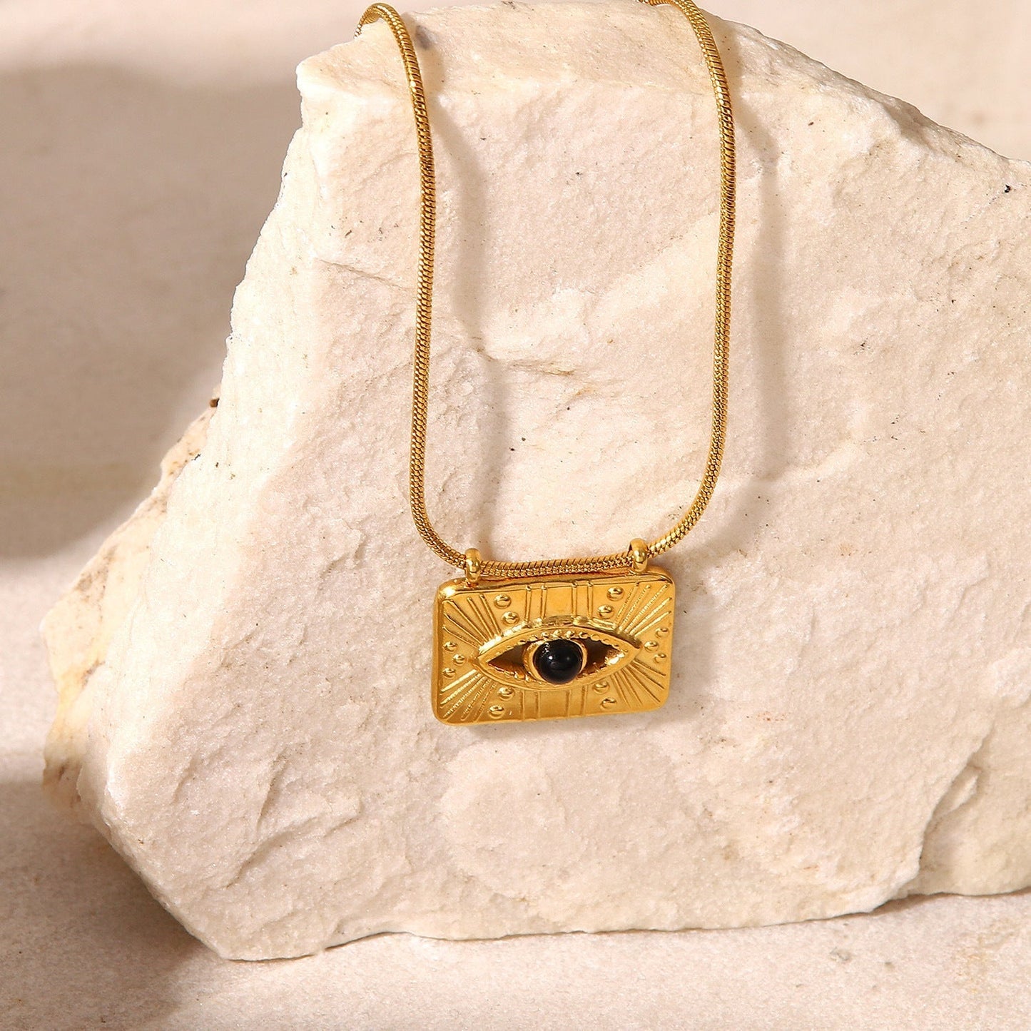 Stainless Steel Gold Plated Square Eye Pendant Necklace