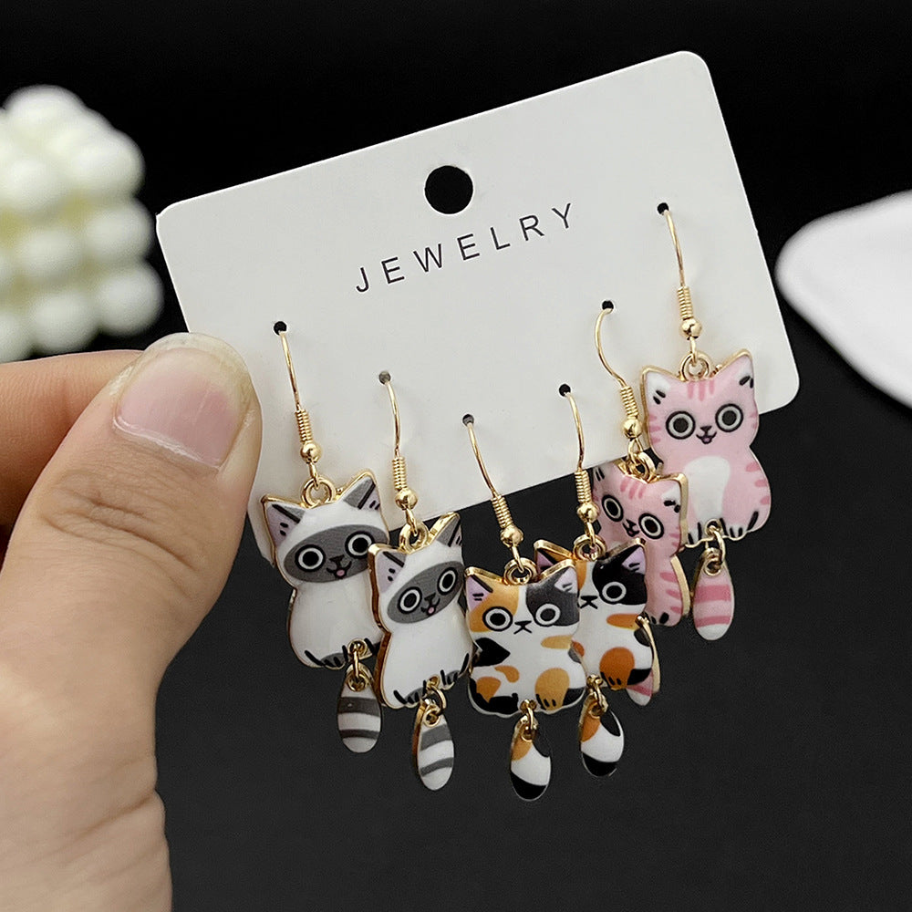 Alloy 3 pairs of cartoon kitten earrings (Minimo de compra 5) MIC-LuN004