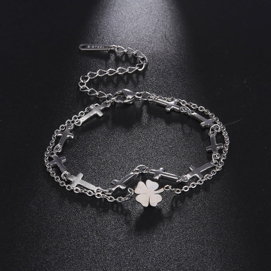 Bracelet Stainless Steel Clover and Cross Chain Double Layer QiJu010