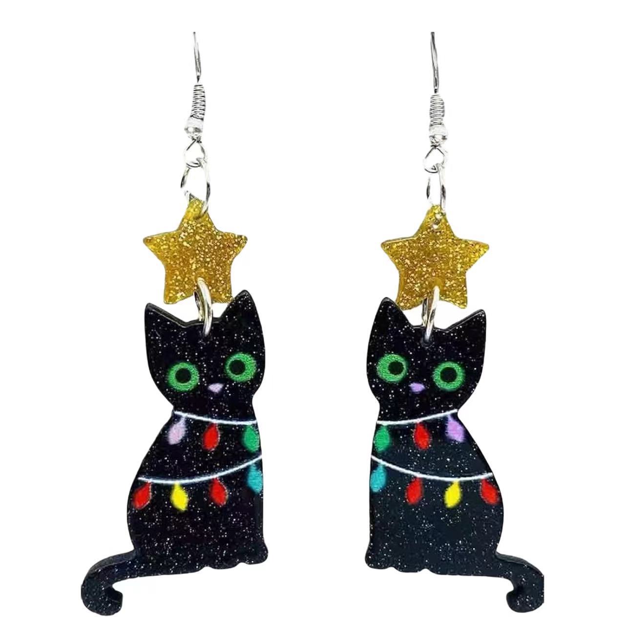 Acrylic Christmas tree lights, black cat earrings (Minimo de compra 2) MYA-AnD015