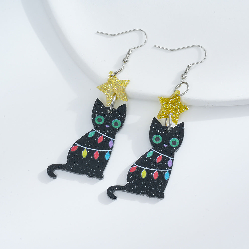 Acrylic Christmas tree lights, black cat earrings (Minimo de compra 2) MYA-AnD015