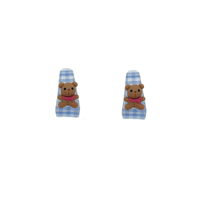 Alloy blue checkered teddy bear earrings MIC-BeiL034