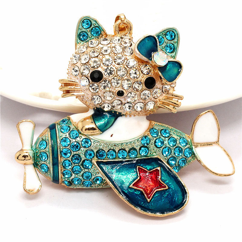 Cartoon aircraft with diamond kitten keychain  (Minimo de compra 2) MIC-ChaoK001