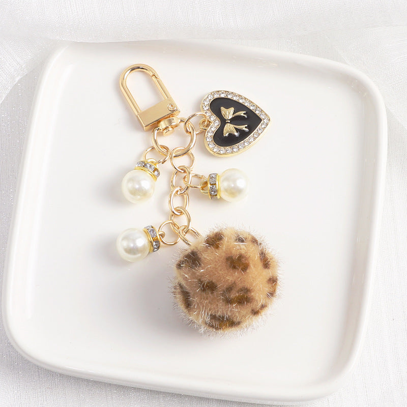 Keychains Plush Alloy Leopard Print Fur Ball Bag Pendant Love Pearl MIC-YChen008