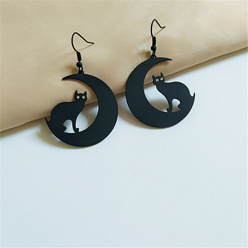 Earrings Alloy Black Cat Moon Vintage aimei009