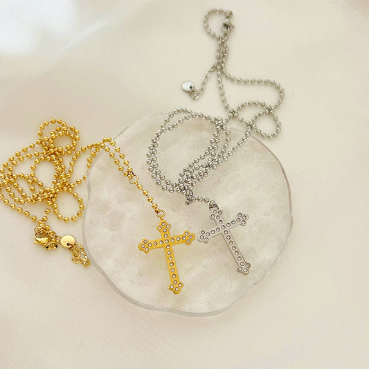 Stainless Steel Gold Plated Cross Diamond Clavicle Necklace