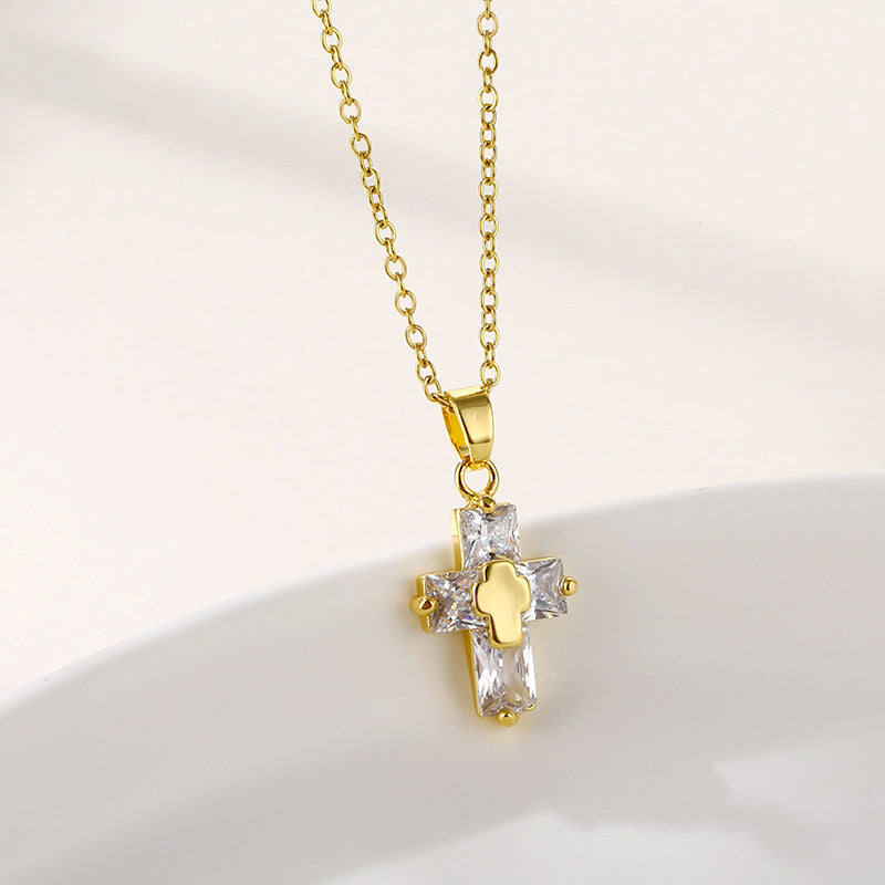 Stainless Steel Cross MYAro-paved Zirconia Necklace