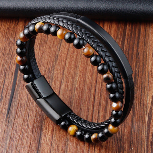 Bracelet Stainless Steel Leather Woven Natural Stone OuSD011