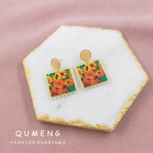 Acrylic Sunflower Oil Painting Earrings (Minimo de Compra 2) MYA-QingM030