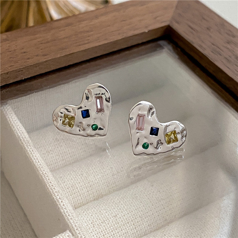 S925 sterling silver rainbow zircon love earrings US-JiaY011