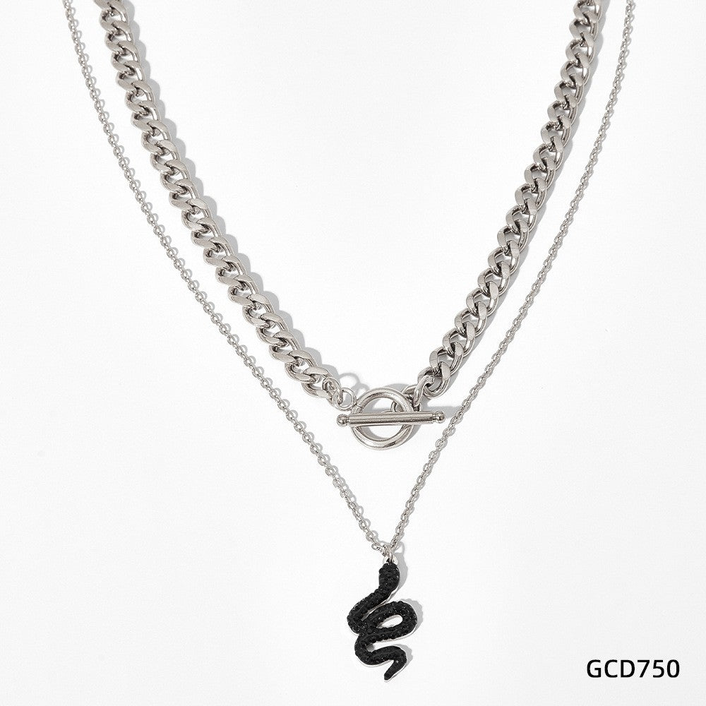 Double Stacked Snake Pendant Stainless Steel Necklace