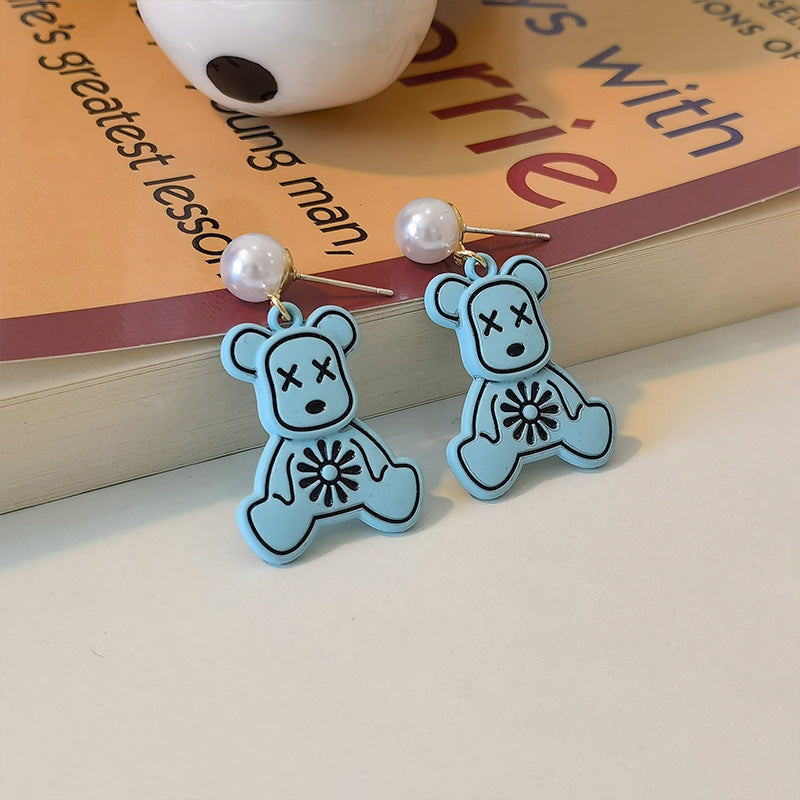 Resin Blue Lacquered Little Bear Earrings MIC-JiuY026