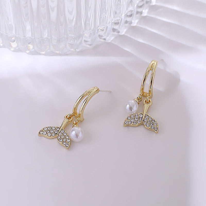 Alloy zircon pearl fish tail earrings MIC-ShunM002