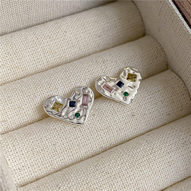 S925 sterling silver rainbow zircon love earrings US-JiaY011