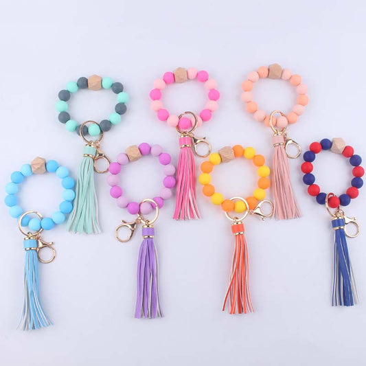 Keychains Silicone Beads Octagon Leather Tassel Wristlet MIC-YWGT003