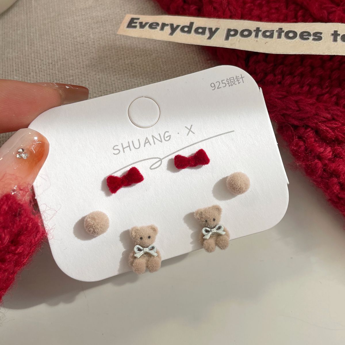 Alloy red plush cute little bear earrings MIC-ShuangX036