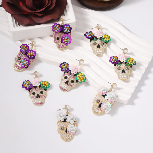 Alloy shiny floral skull earrings MIC-YueL026