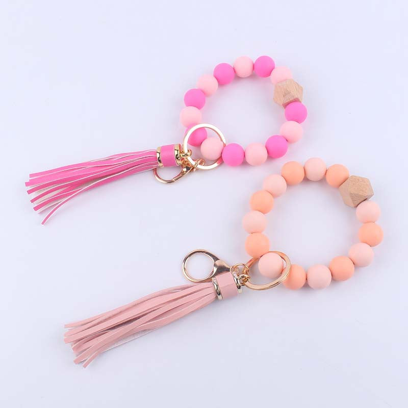 Keychains Silicone Beads Octagon Leather Tassel Wristlet MIC-YWGT003