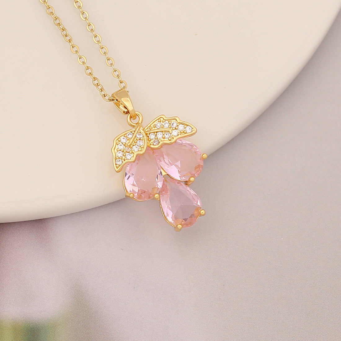 Necklaces Copper Zircon Stainless Steel Pink Butterfly Heart BingM024