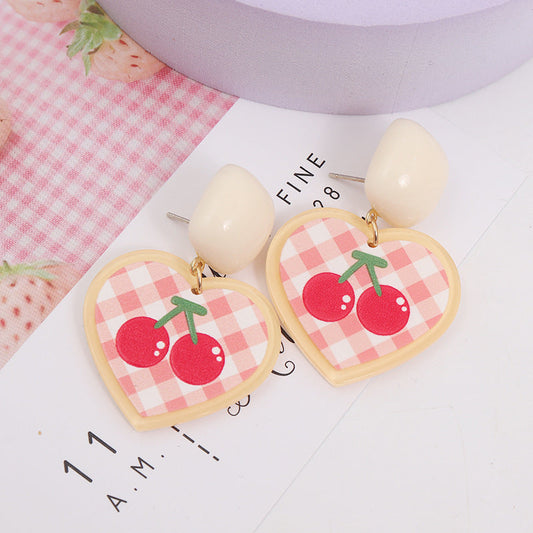 Acrylic Heart Cherry Flower Stud Earrings MIC-ABL004