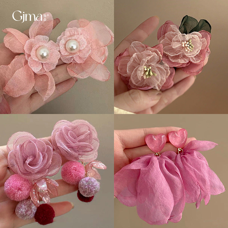 Alloy Pink Flower Pearl Earrings (Minimo de compra 2) MIC-FengM002