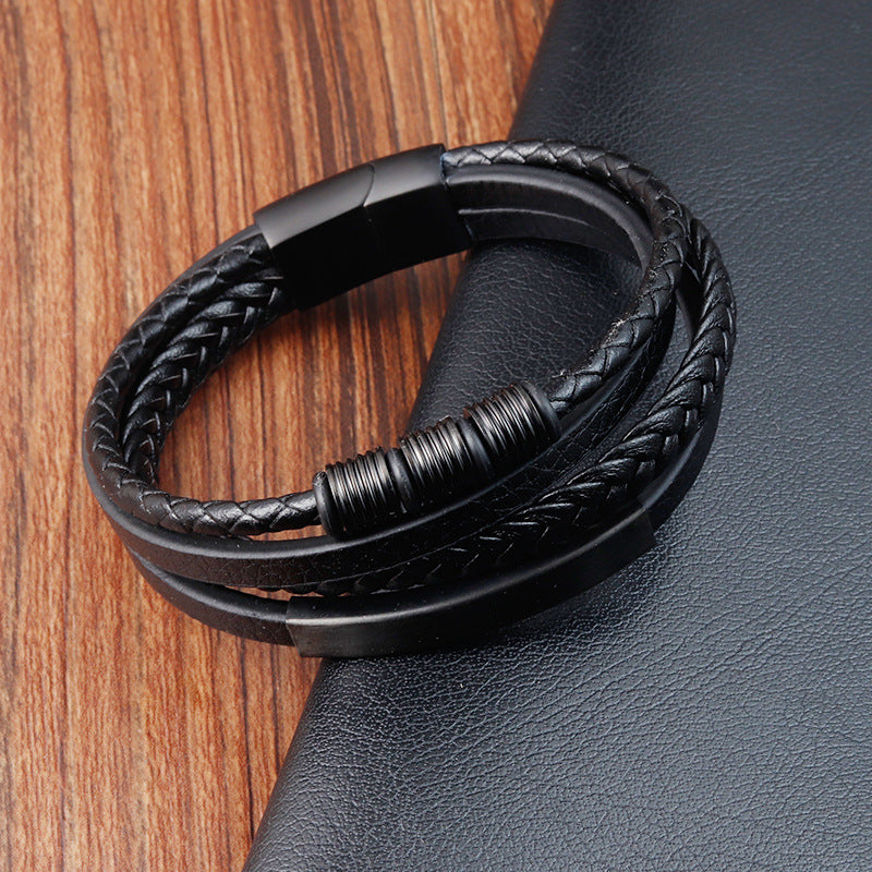 Bracelet Stainless Steel Leather Woven Multi Layer OuSD002