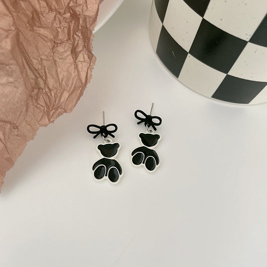 Alloy black and white bow teddy bear earrings MYA-LSY020