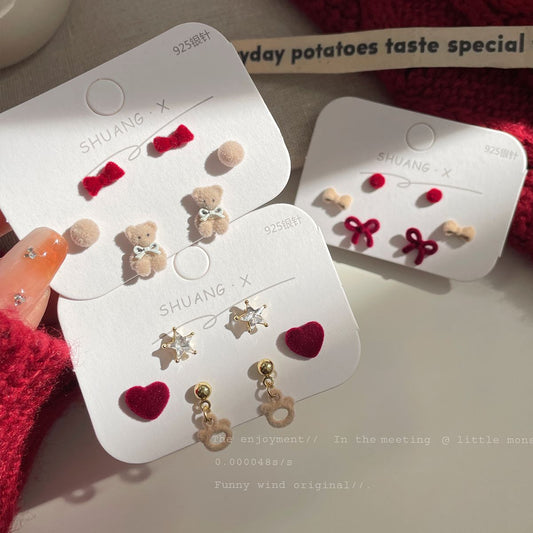 Alloy red plush cute little bear earrings MIC-ShuangX036