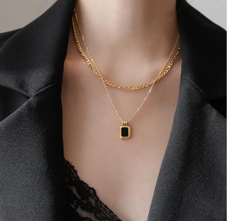 Gold Plated Black Square Double Layer Stacking Necklace in Titanium Steel MYA-YiS006